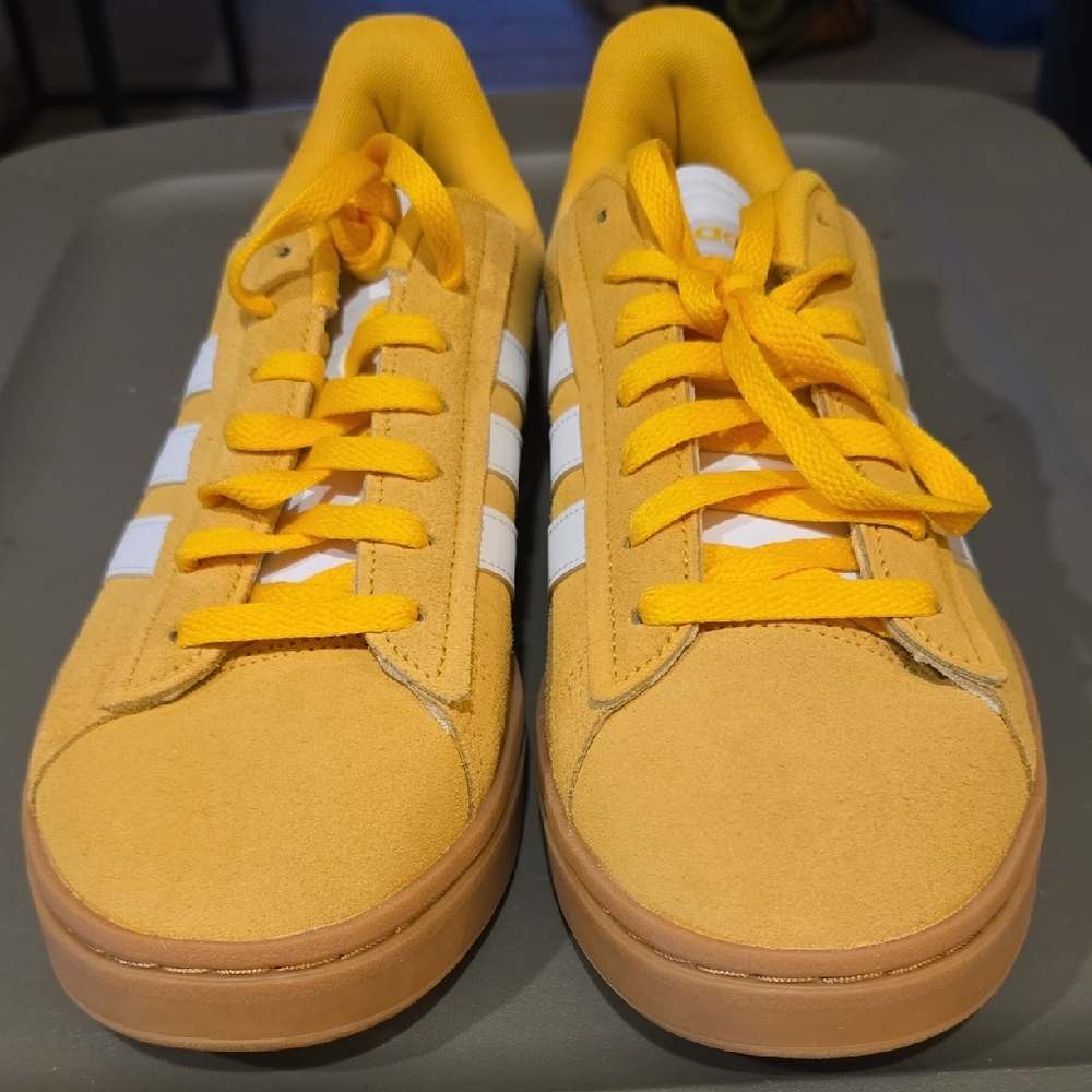 Adidas Yellow Suede Sneakers with White Stripes